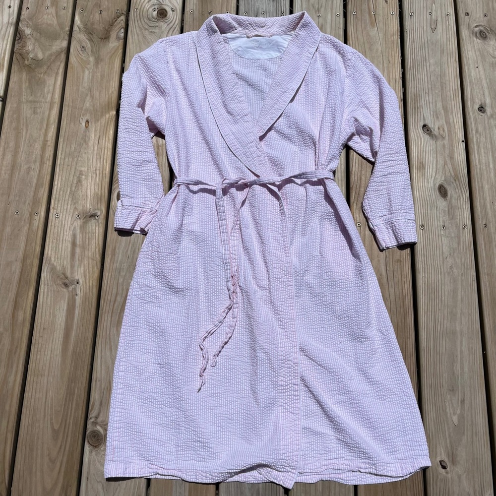 Vermont Country Store Robe Pink White Seersucker 100% Cotton Womens XL